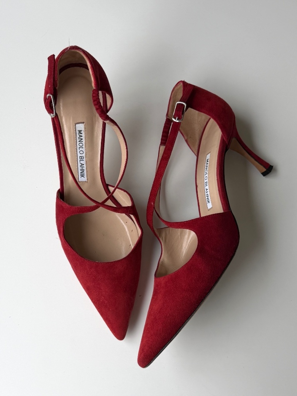 Vintage Manolo Blahnik Dark Cherry Red Suede Crossover Pumps, IT 40.5 / 9.5